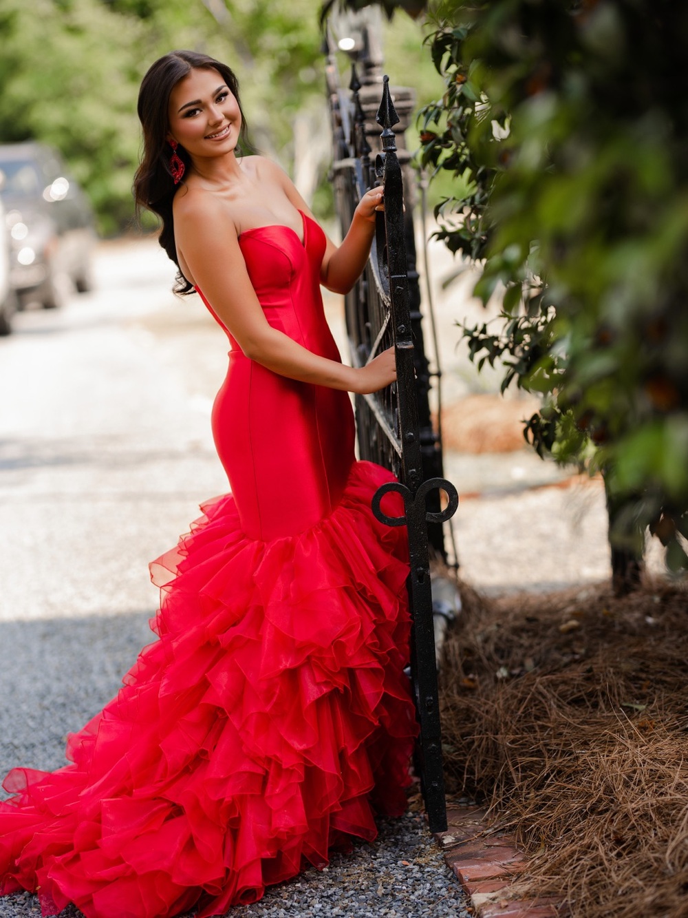 Rachel Allan Red Strapless Ruffle Mermaid Gown